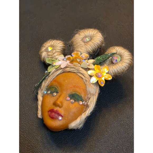 Handcrafted Face Brooch With Floral Accents & Rhinestones - Picture 7 of 10